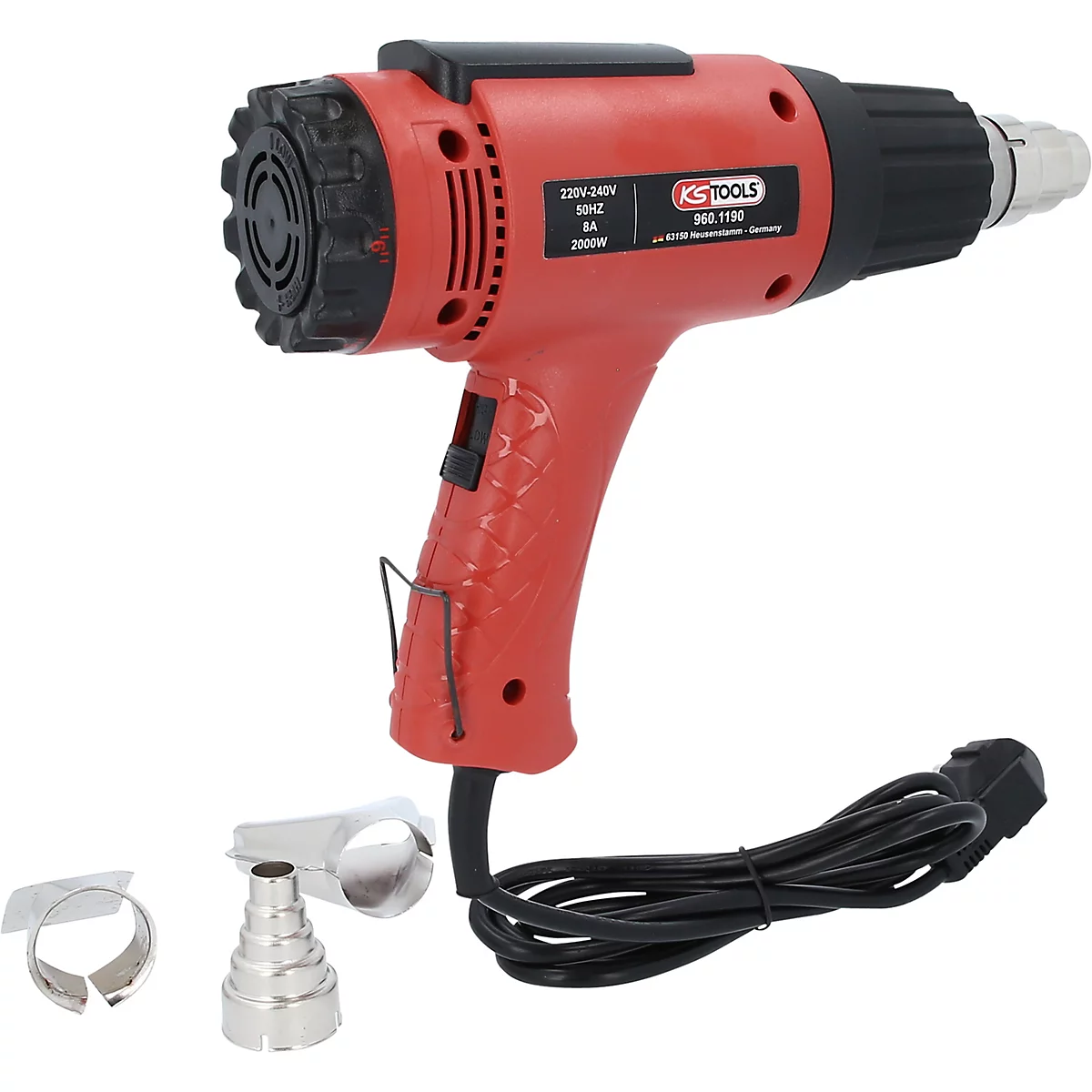 Rote Heißluftpistole mit Zubehör. Text: KS TOOLS.